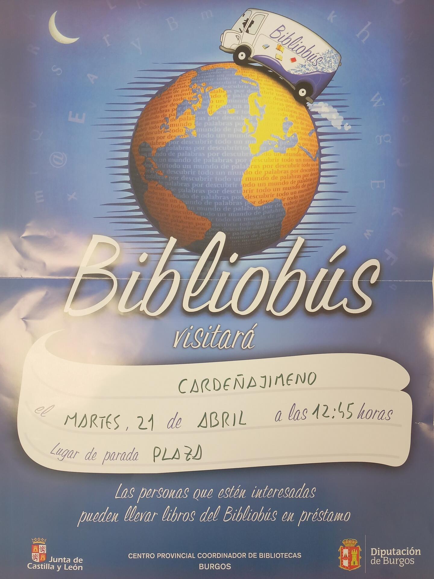 BIBLIOBÚS CARDEÑAJIMENO - MARTES DÍA 21 DE ABRIL DE 2026 A LAS 12:45 EN LA PLAZA SIMÓN PEDRO. 